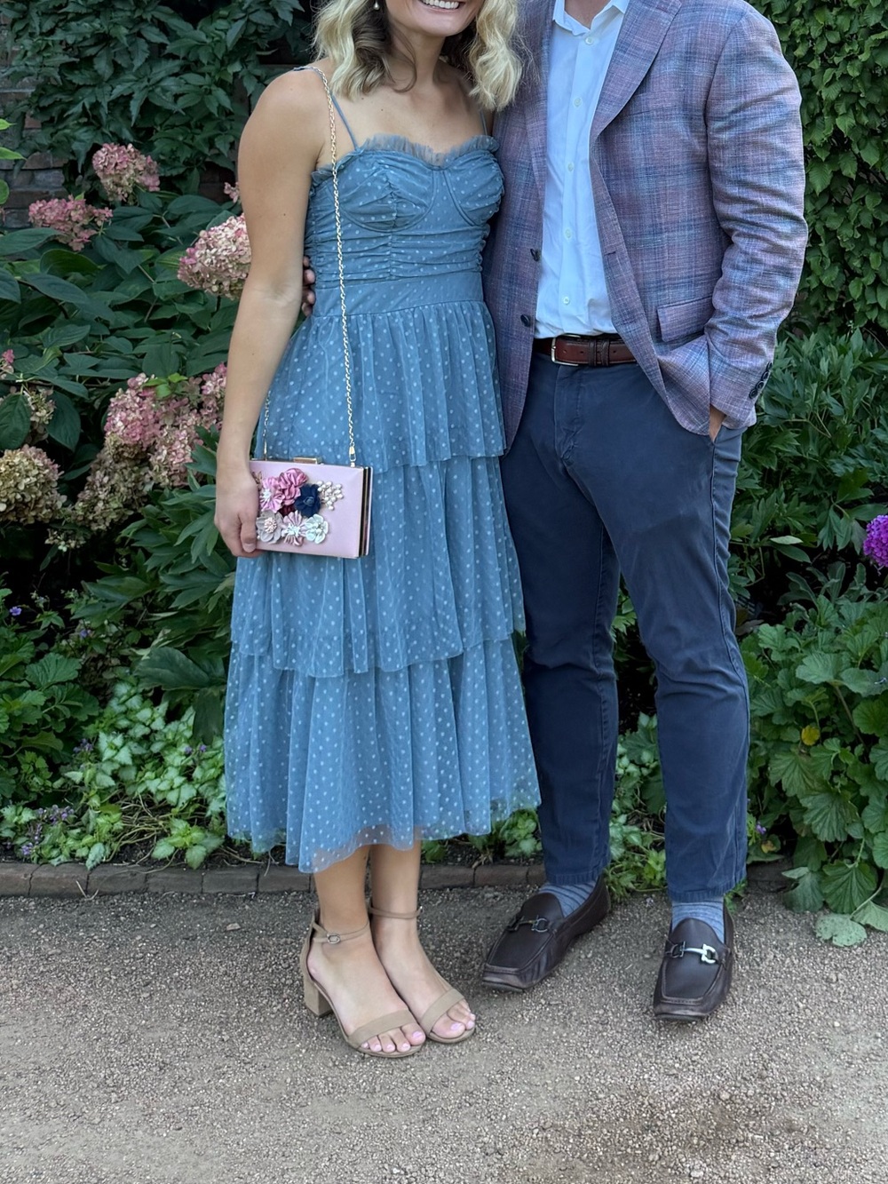 Lulu's Dusty Blue Tiered Dot Mesh Midi Dress